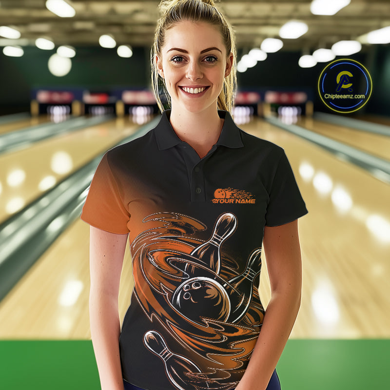 Custom Black And Orange Flame Bowling Polo Shirts, Team Bowling League Shirt