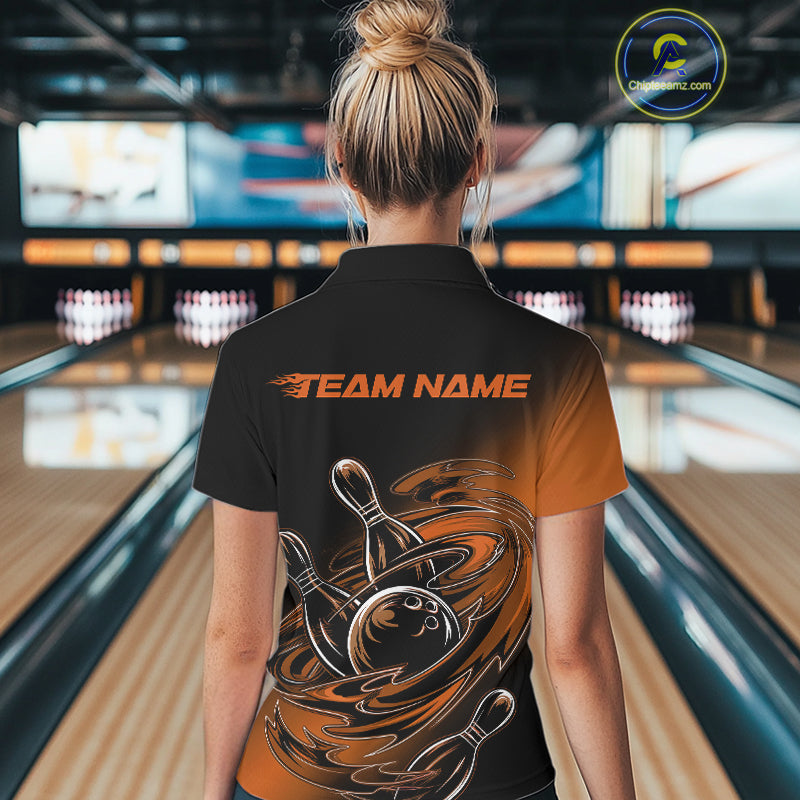 Custom Black And Orange Flame Bowling Polo Shirts, Team Bowling League Shirt