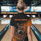 Custom Black And Orange Flame Bowling Polo Shirts, Team Bowling League Shirt