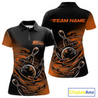 Custom Black And Orange Flame Bowling Polo Shirts, Team Bowling League Shirt