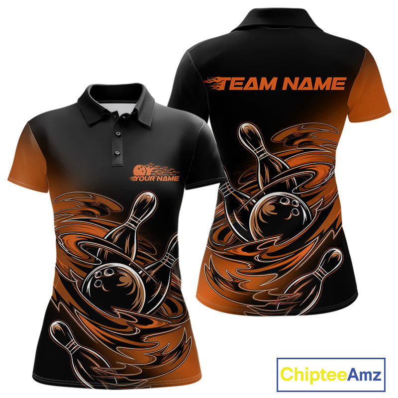 Custom Black And Orange Flame Bowling Polo Shirts, Team Bowling League Shirt