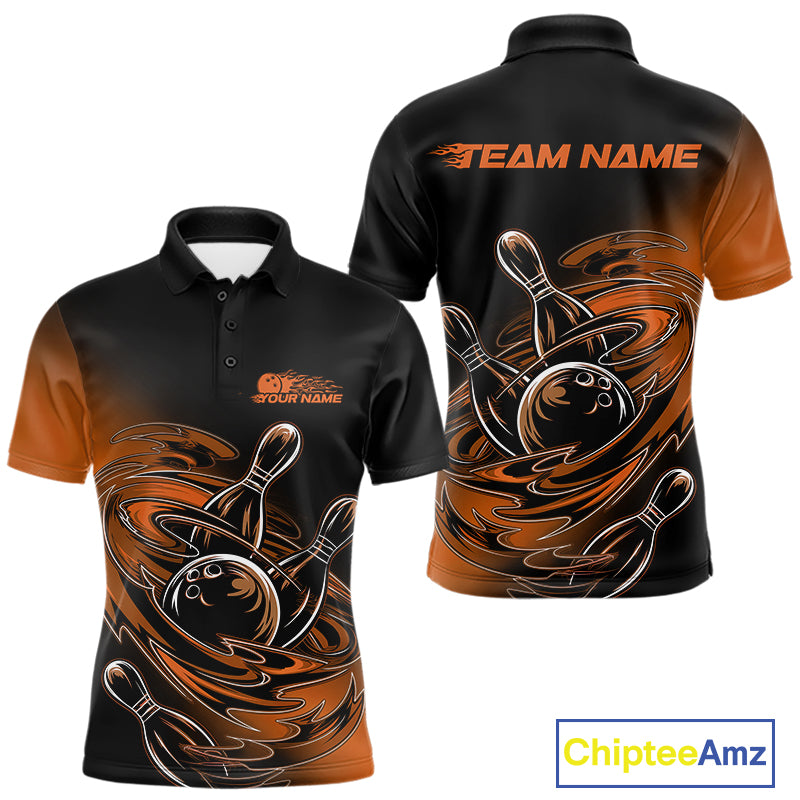 Custom Black And Orange Flame Bowling Polo Shirts, Team Bowling League Shirt