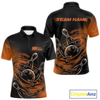 Custom Black And Orange Flame Bowling Polo Shirts, Team Bowling League Shirt