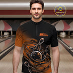 Custom Black And Orange Flame Bowling Quarter-Zip Shirts, Team Bowling League Shirt