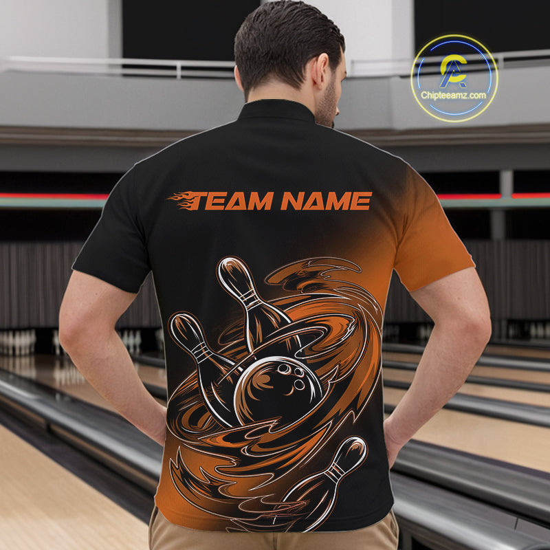 Custom Black And Orange Flame Bowling Quarter-Zip Shirts, Team Bowling League Shirt