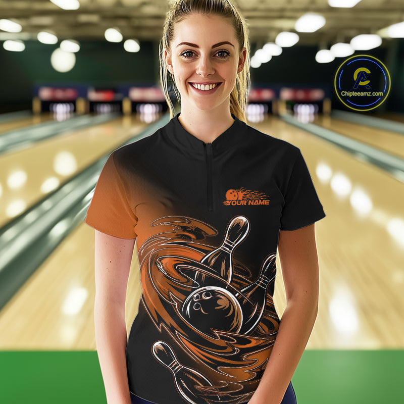 Custom Black And Orange Flame Bowling Quarter-Zip Shirts, Team Bowling League Shirt