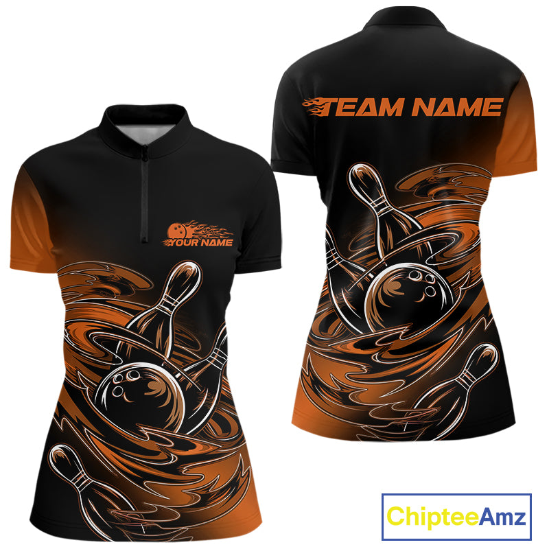 Custom Black And Orange Flame Bowling Quarter-Zip Shirts, Team Bowling League Shirt