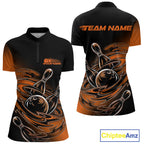 Custom Black And Orange Flame Bowling Quarter-Zip Shirts, Team Bowling League Shirt