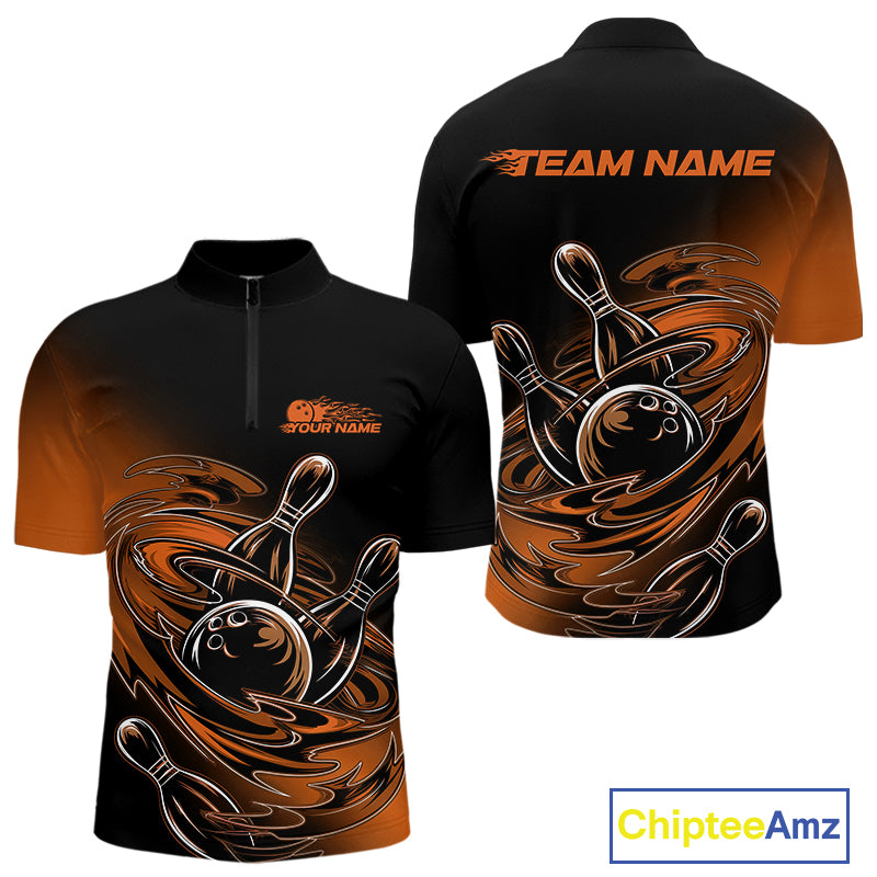 Custom Black And Orange Flame Bowling Quarter-Zip Shirts, Team Bowling League Shirt