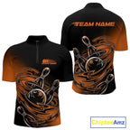 Custom Black And Orange Flame Bowling Quarter-Zip Shirts, Team Bowling League Shirt