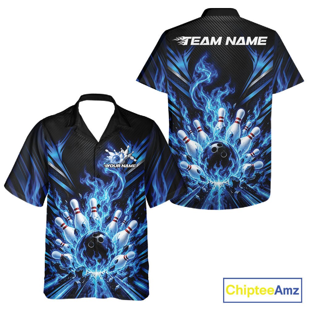 Custom Blue Flame Bowling Jersey, Matching Bowling League And Button Up Shirt For Team