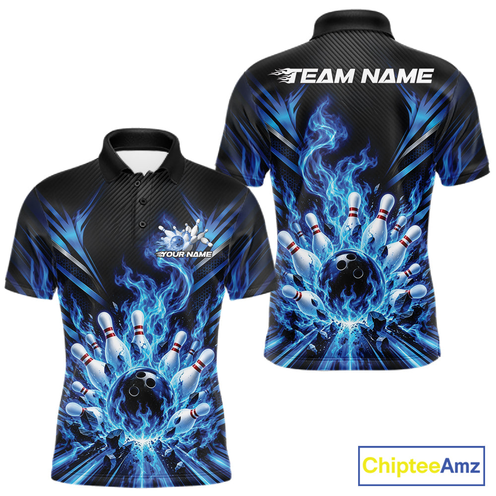 Custom Blue Flame Bowling Jersey, Matching Bowling League Polo Shirt For Team