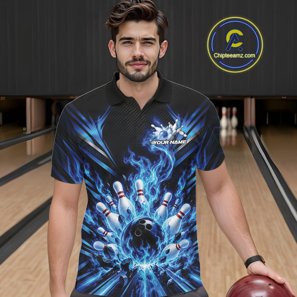 Custom Blue Flame Bowling Jersey, Matching Bowling League Polo Shirt For Team