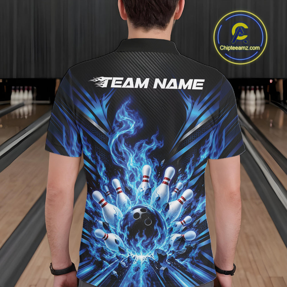 Custom Blue Flame Bowling Jersey, Matching Bowling League Polo Shirt For Team