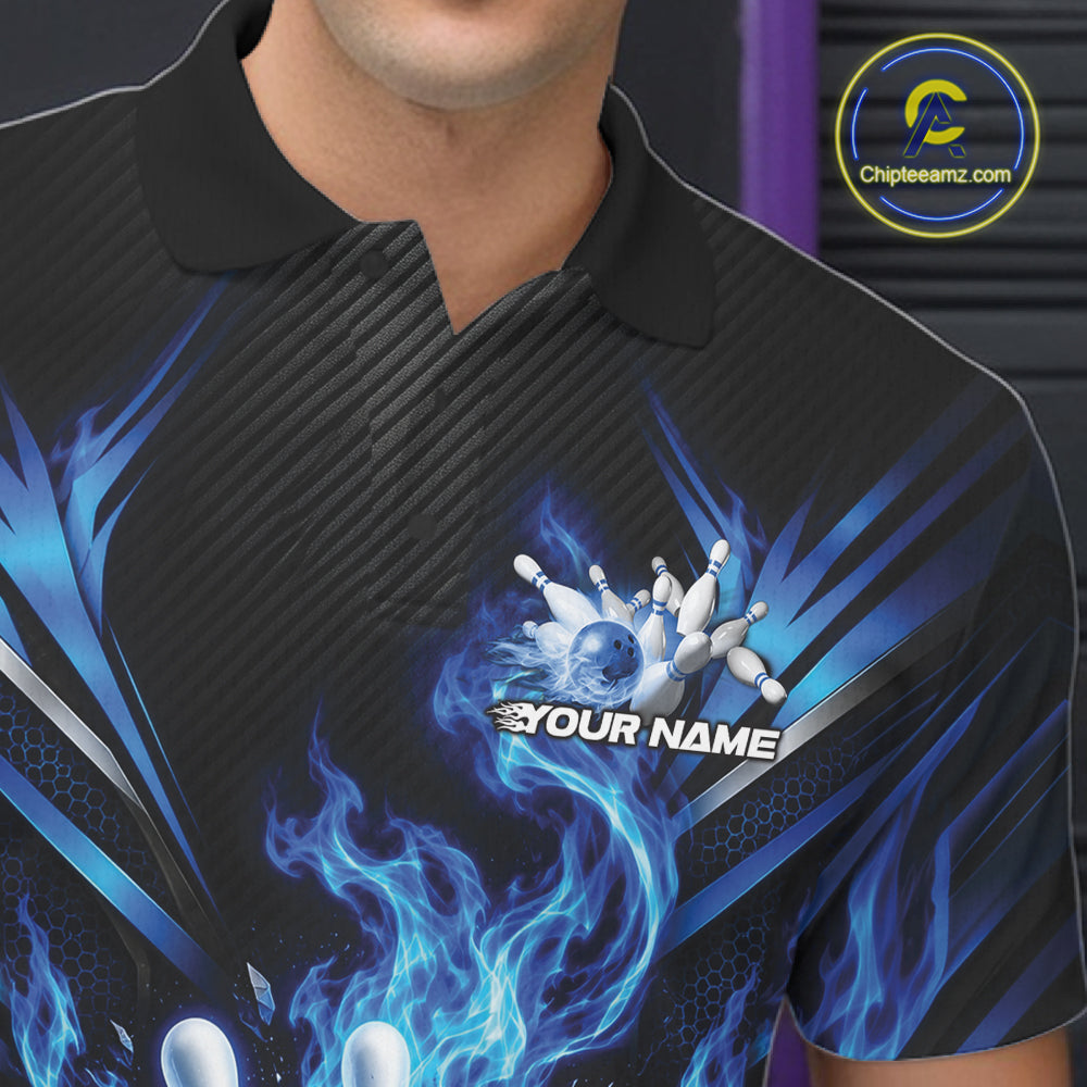 Custom Blue Flame Bowling Jersey, Matching Bowling League Polo Shirt For Team