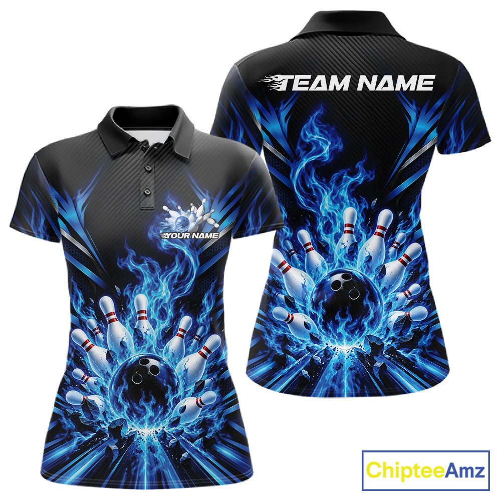 Custom Blue Flame Bowling Jersey, Matching Bowling League Polo Shirt For Team