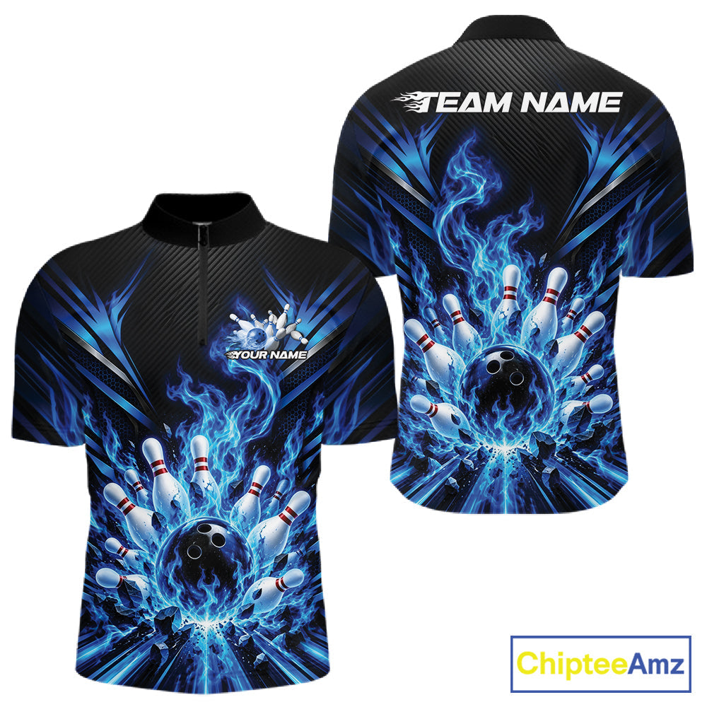 Custom Blue Flame Bowling Jersey, Matching Bowling League Quarter Zip Shirt For Team
