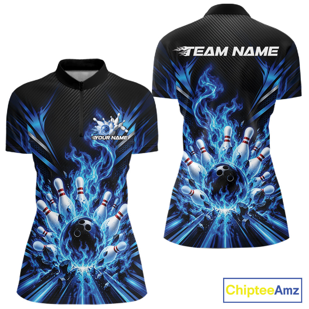 Custom Blue Flame Bowling Jersey, Matching Bowling League Quarter-Zip Shirt