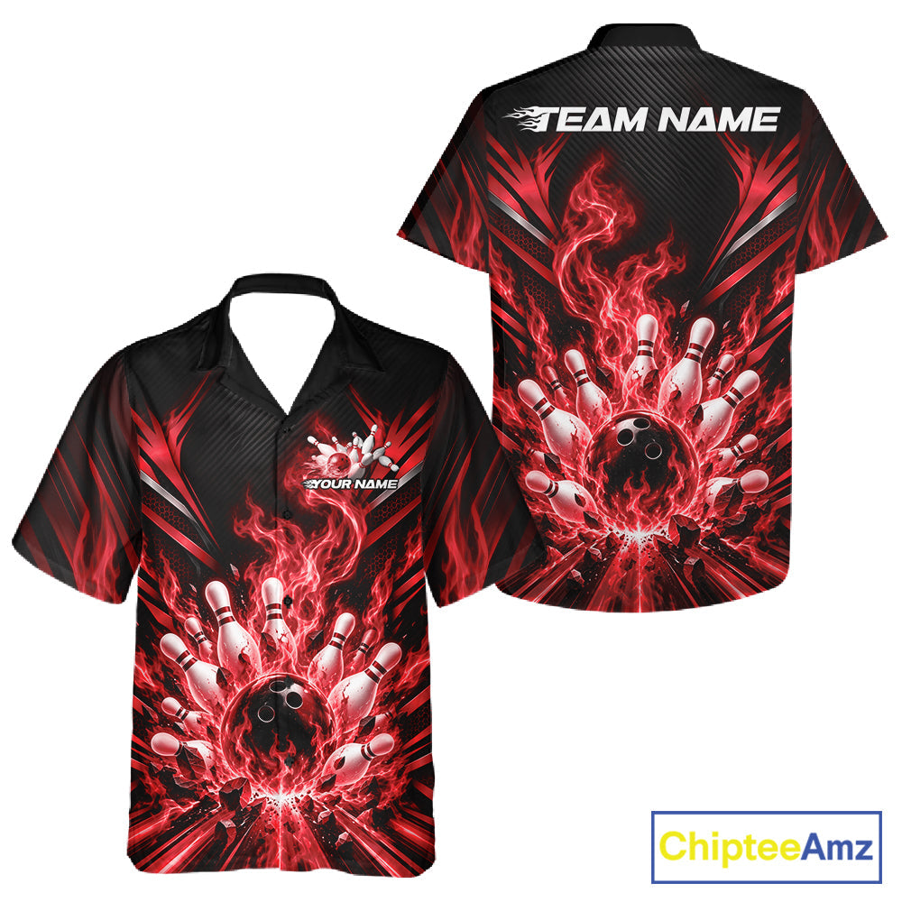 Custom Red Flame Bowling Jersey, Matching Bowling League And Button Up Shirt For Team
