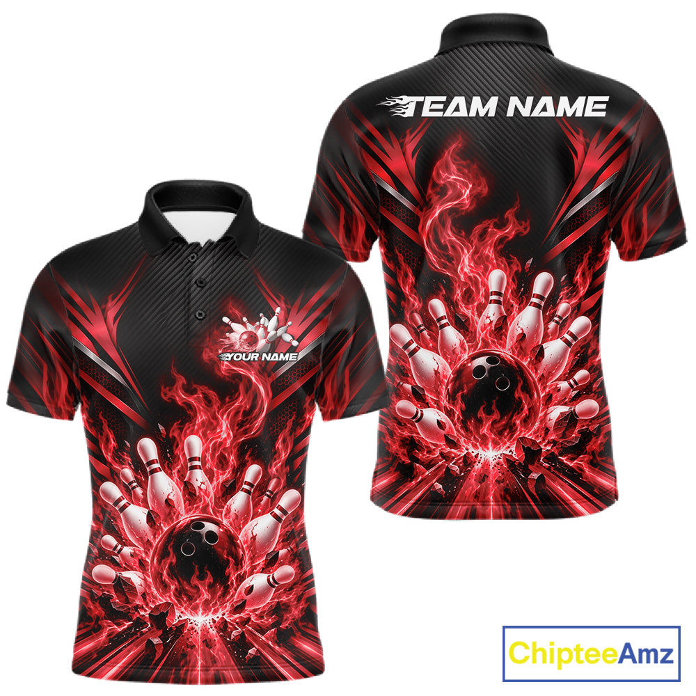 Custom Red Flame Bowling Jersey, Matching Bowling League Polo Shirt For Team