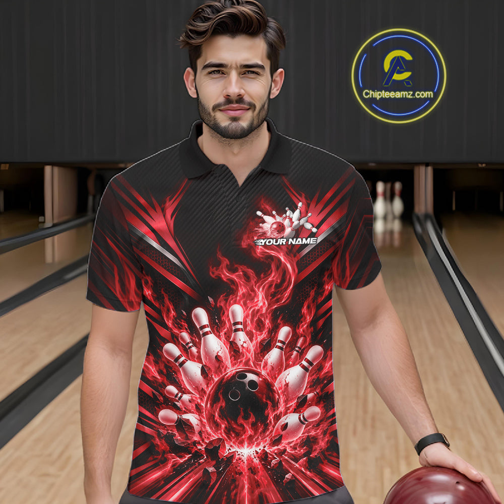 Custom Red Flame Bowling Jersey, Matching Bowling League Polo Shirt For Team