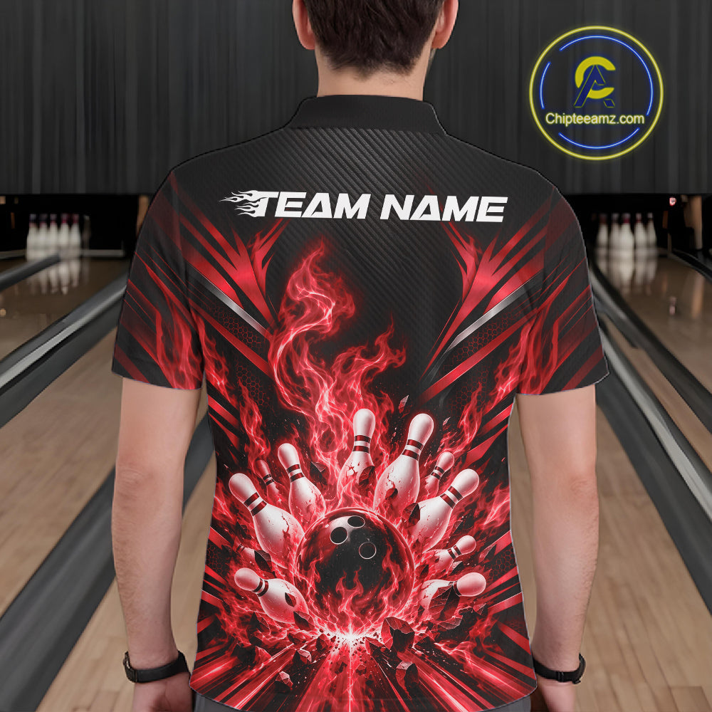 Custom Red Flame Bowling Jersey, Matching Bowling League Polo Shirt For Team