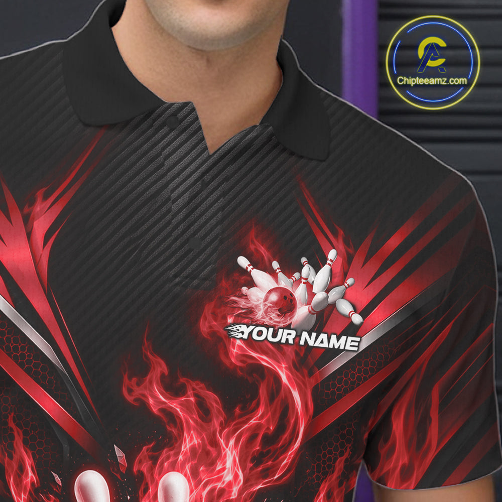 Custom Red Flame Bowling Jersey, Matching Bowling League Polo Shirt For Team