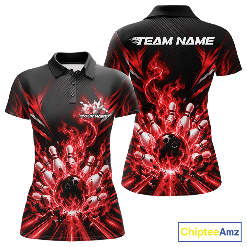Custom Red Flame Bowling Jersey, Matching Bowling League Polo Shirt For Team