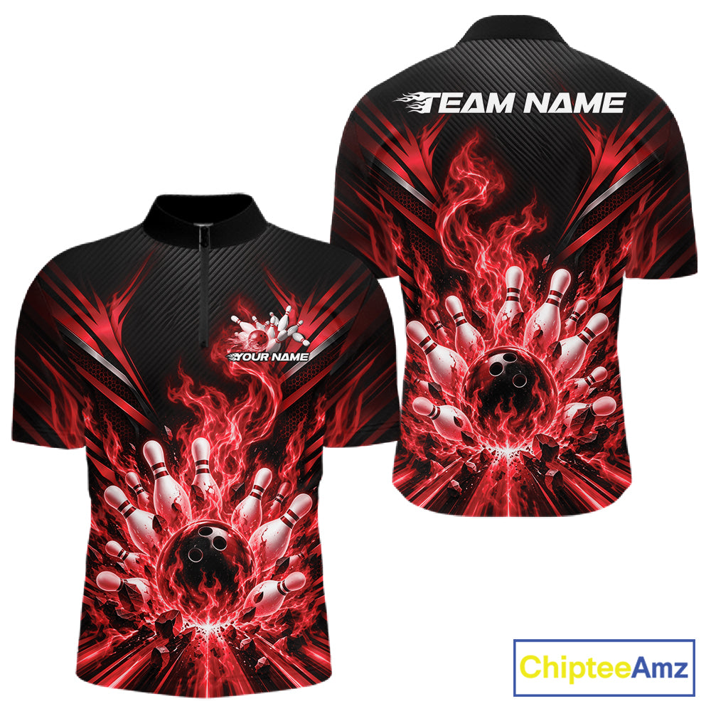 Custom Red Flame Bowling Jersey, Matching Bowling League Quarter Zip Shirt For Team