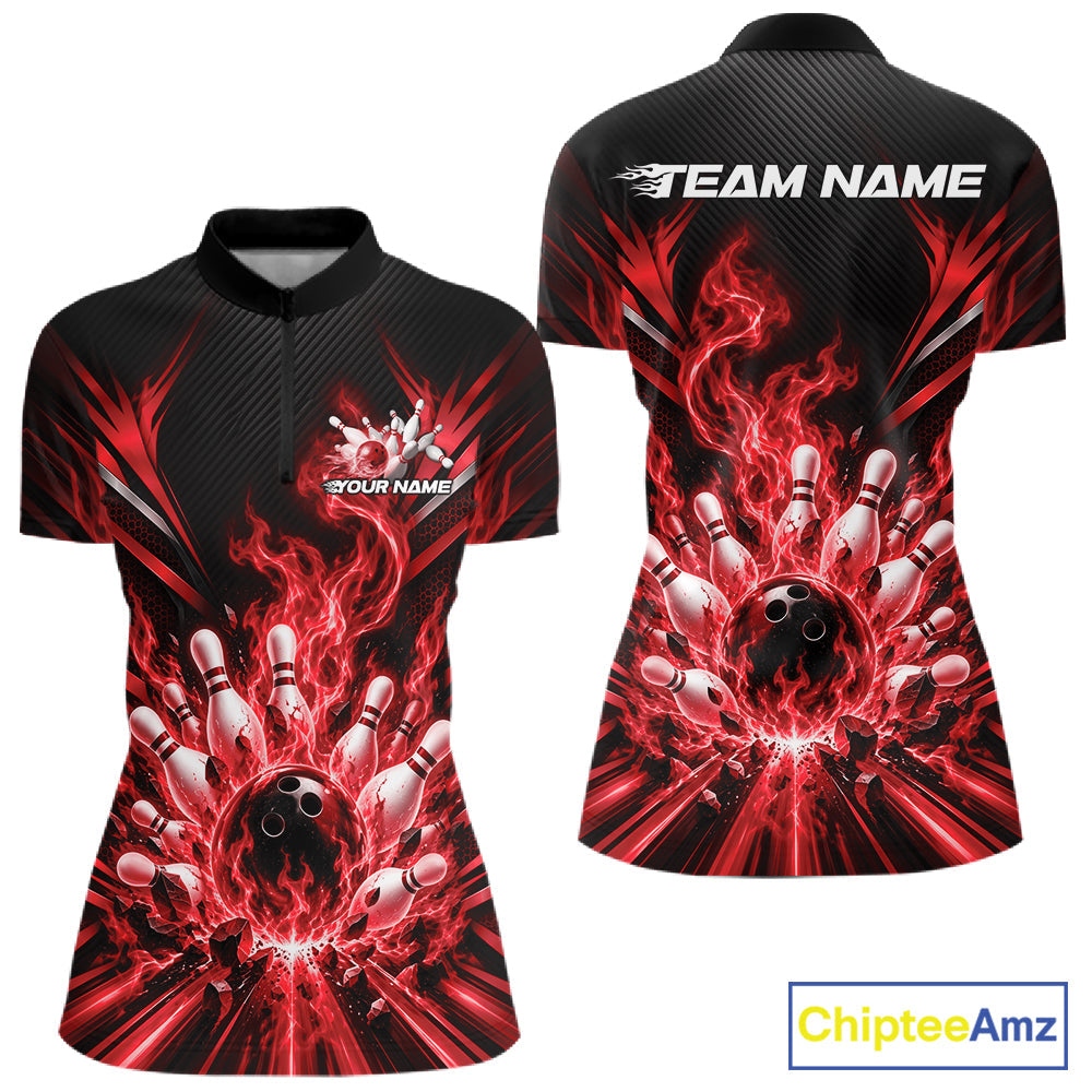 Custom Red Flame Bowling Jersey, Matching Bowling League Quarter-Zip Shirt