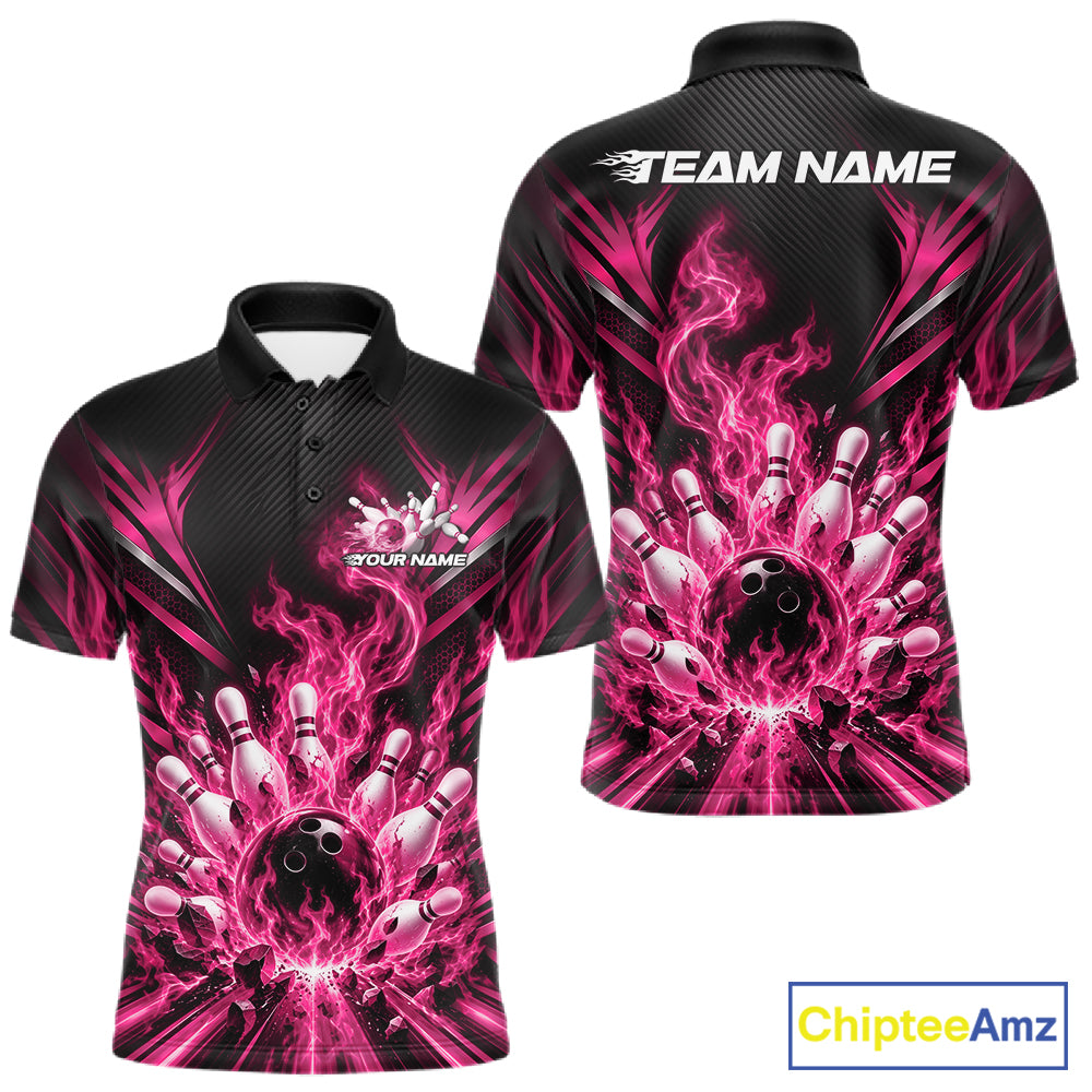 Custom Pink Flame Bowling Jersey, Matching Bowling League Polo Shirt For Team