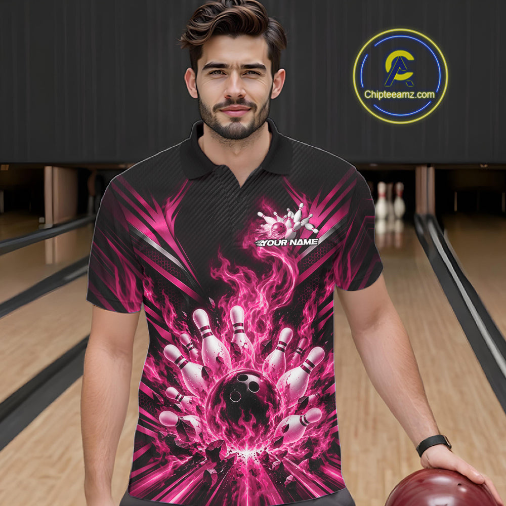 Custom Pink Flame Bowling Jersey, Matching Bowling League Polo Shirt For Team