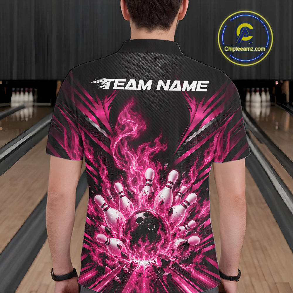 Custom Pink Flame Bowling Jersey, Matching Bowling League Polo Shirt For Team