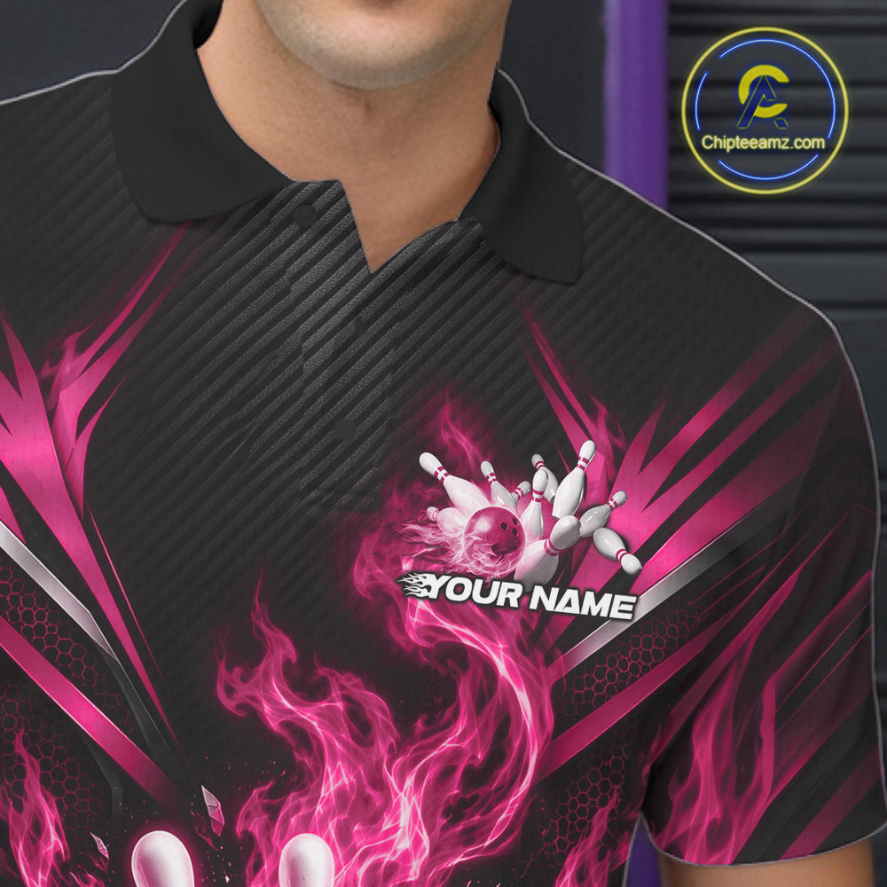 Custom Pink Flame Bowling Jersey, Matching Bowling League Polo Shirt For Team