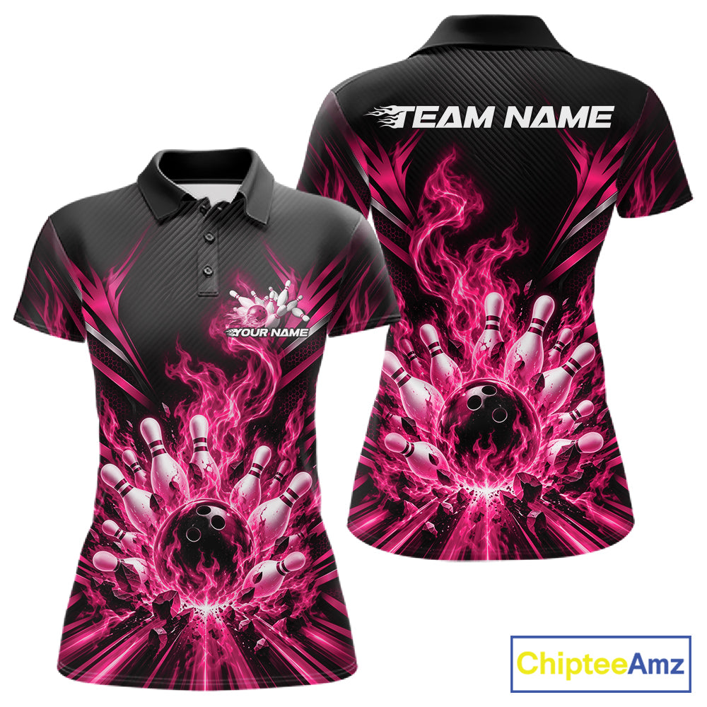 Custom Pink Flame Bowling Jersey, Matching Bowling League Polo Shirt For Team
