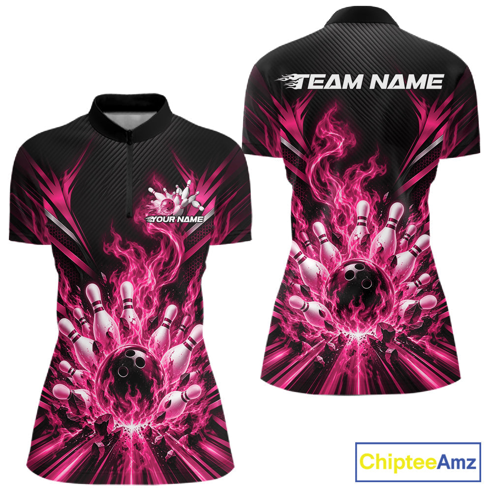 Custom Pink Flame Bowling Jersey, Matching Bowling League Quarter-Zip Shirt