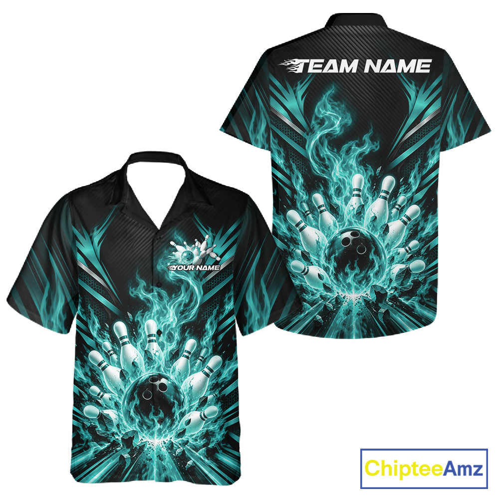 Custom Turquoise Blue Flame Bowling Jersey, Bowling League And Button Up Shirt For Team