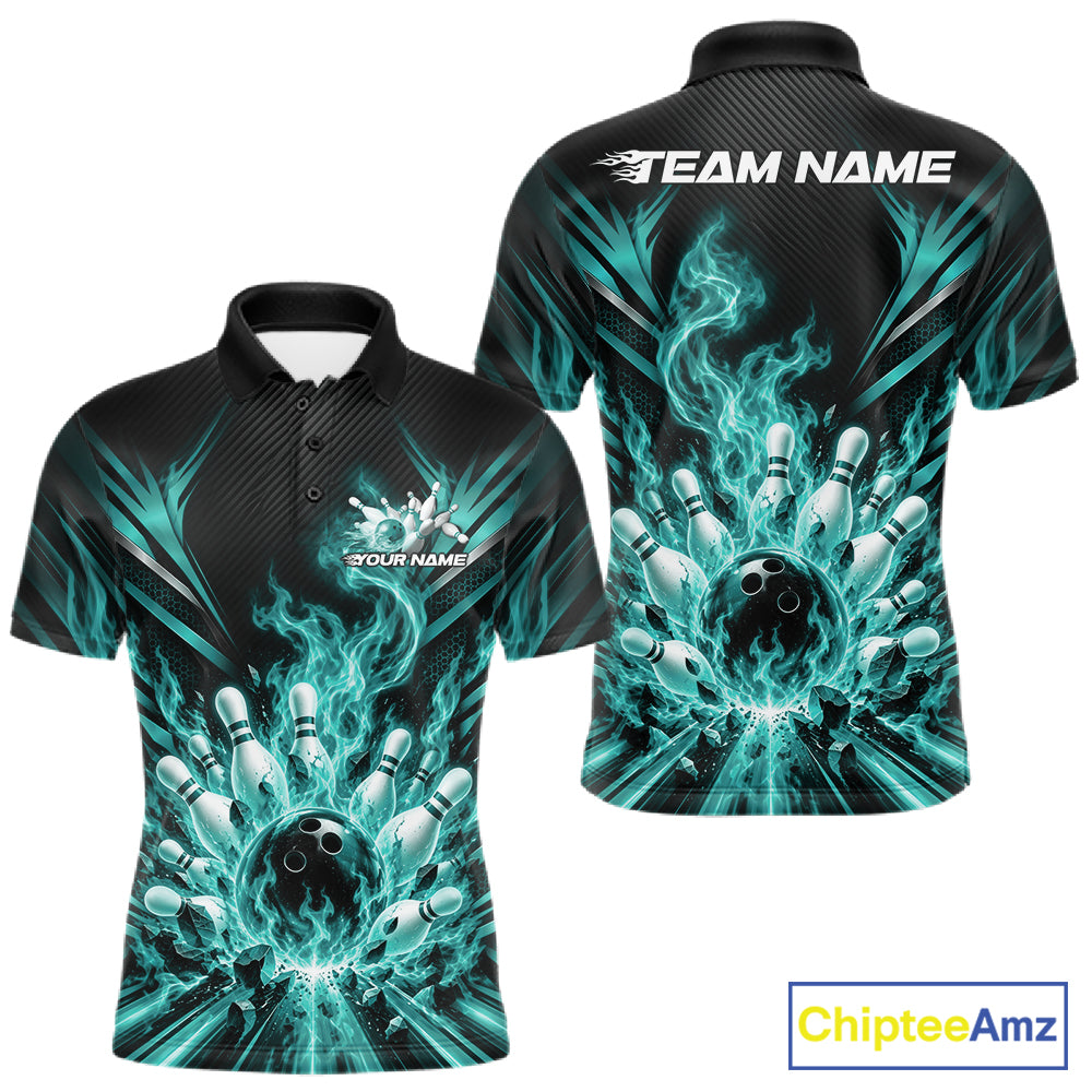 Custom Turquoise Blue Flame Bowling Jersey, Bowling League Polo Shirt For Team