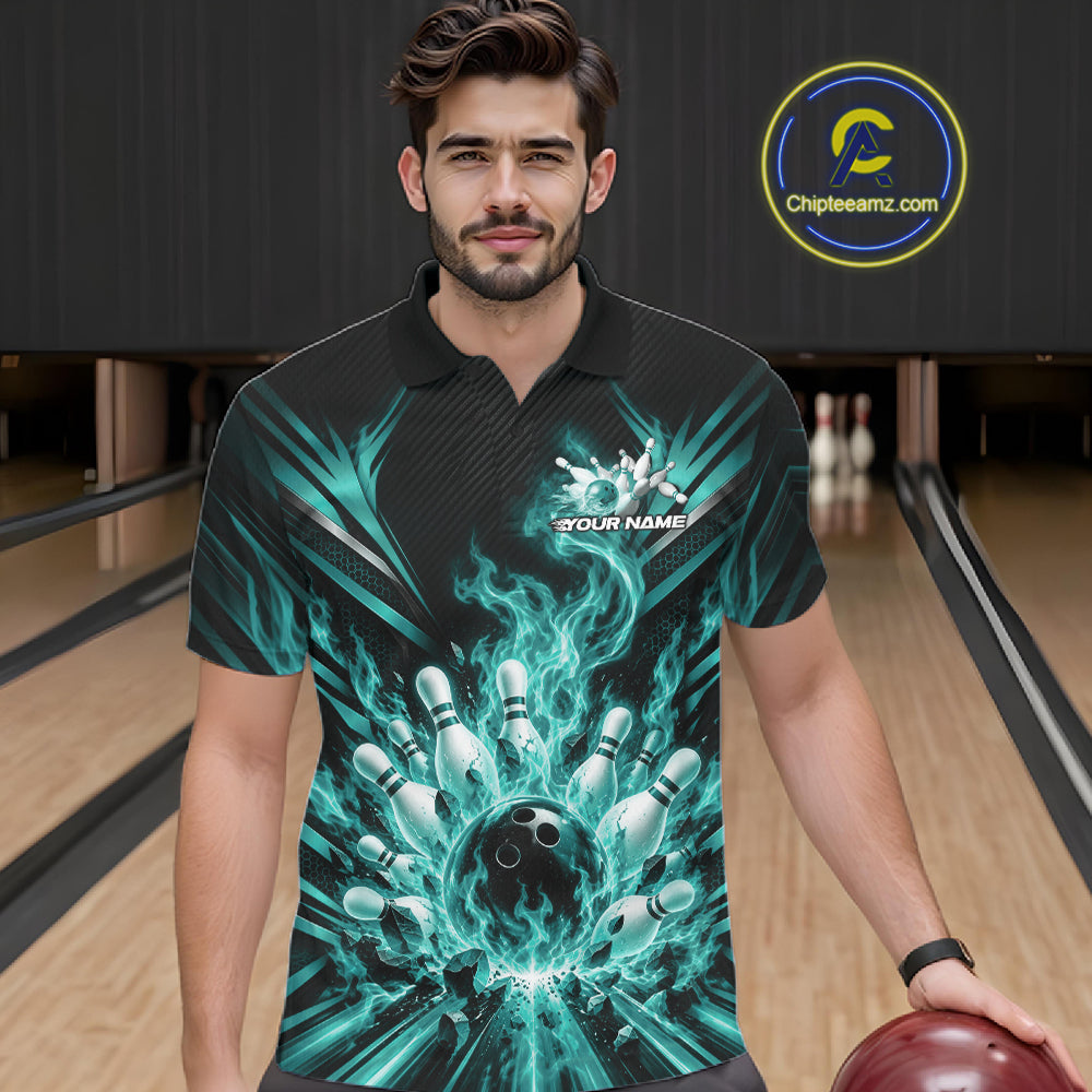 Custom Turquoise Blue Flame Bowling Jersey, Bowling League Polo Shirt For Team