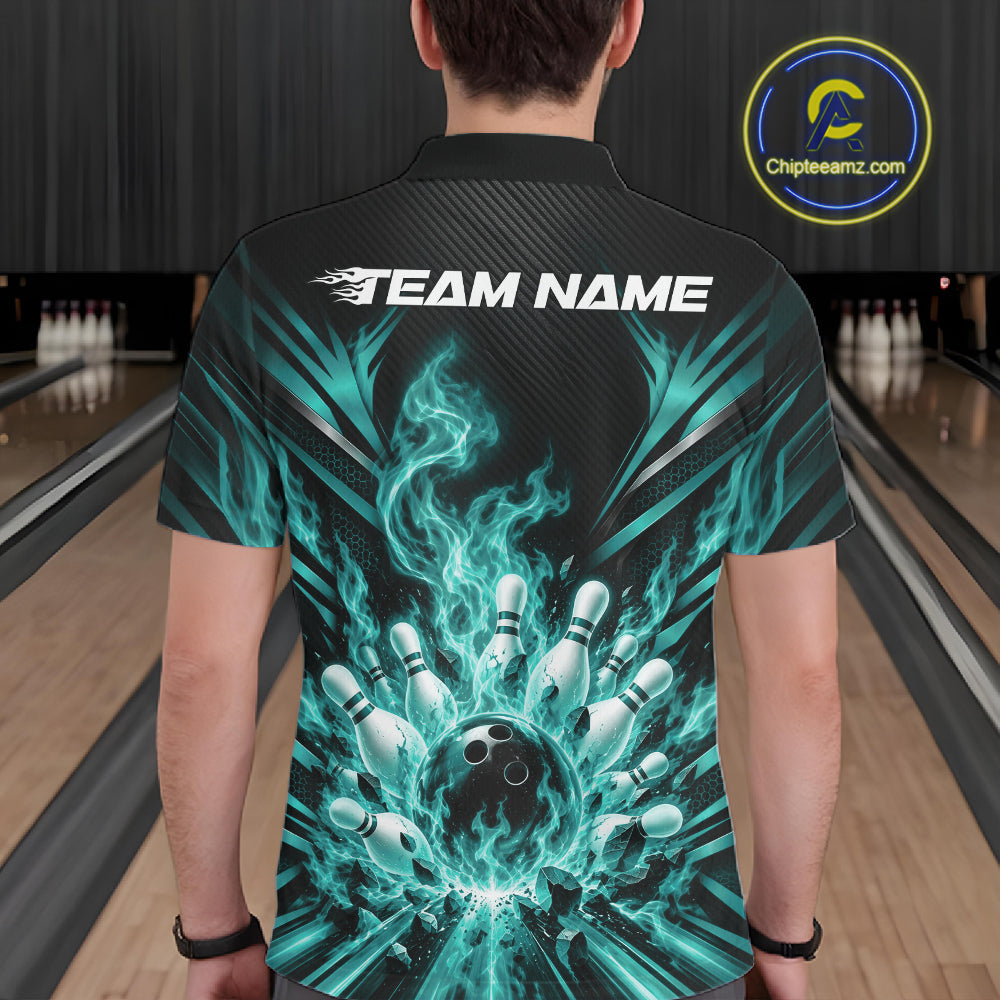 Custom Turquoise Blue Flame Bowling Jersey, Bowling League Polo Shirt For Team
