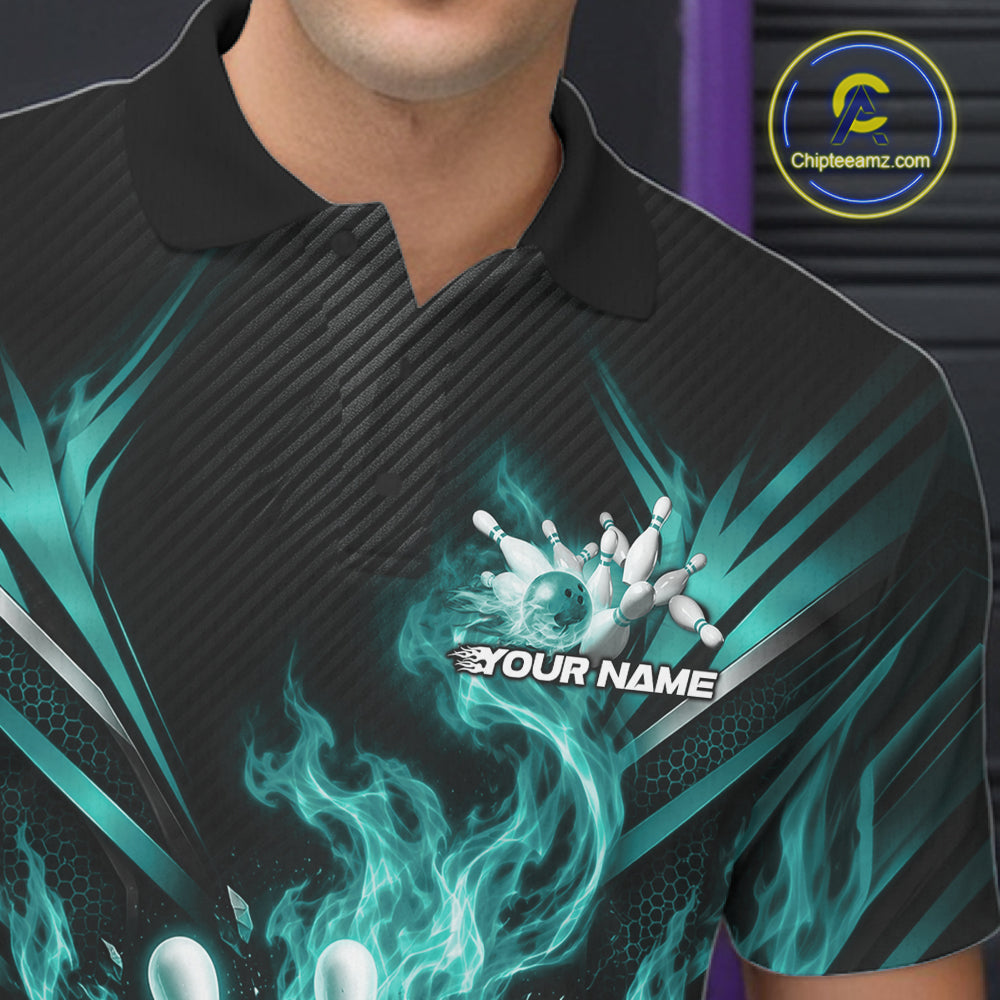 Custom Turquoise Blue Flame Bowling Jersey, Bowling League Polo Shirt For Team