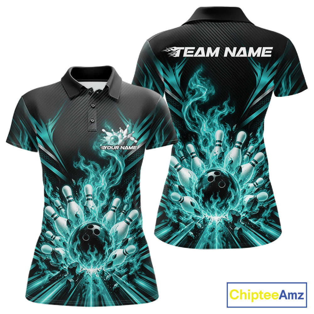 Custom Turquoise Blue Flame Bowling Jersey, Bowling League Polo Shirt For Team