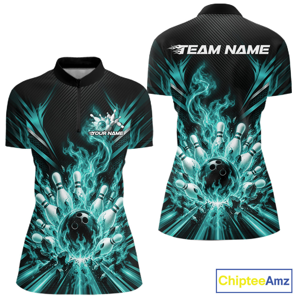 Custom Turquoise Blue Flame Bowling Jersey, Bowling League Quarter-Zip Shirt