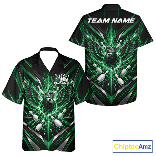 Custom Green Lightning Crown Bowling Ball With Wings Bowling Team And Button Up Shirt