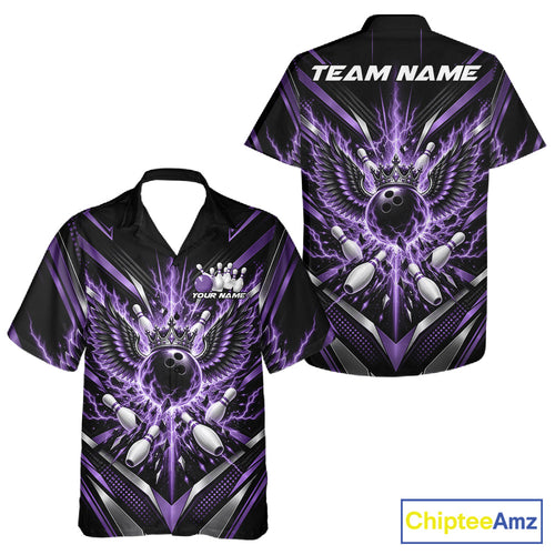Custom Purple Lightning Crown Bowling Ball With Wings Bowling Team And Button Up Shirt