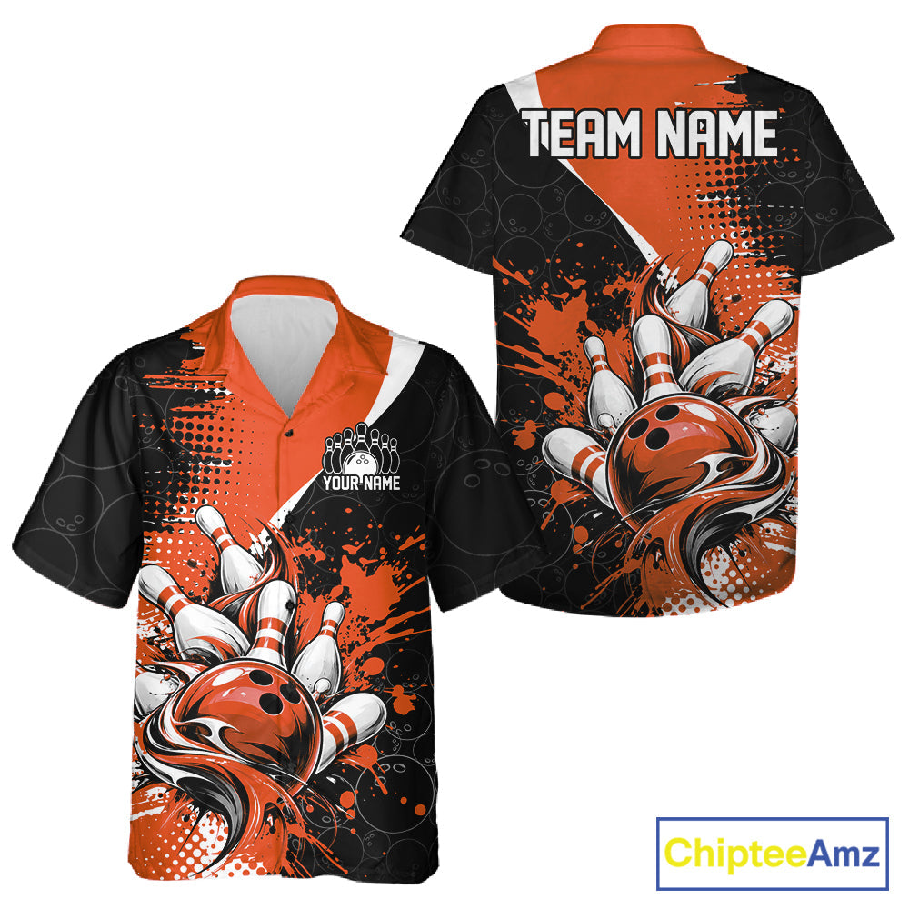 Custom Black And Orange Splatter Bowling Jersey Bowling Tournament And Button Up Shirt