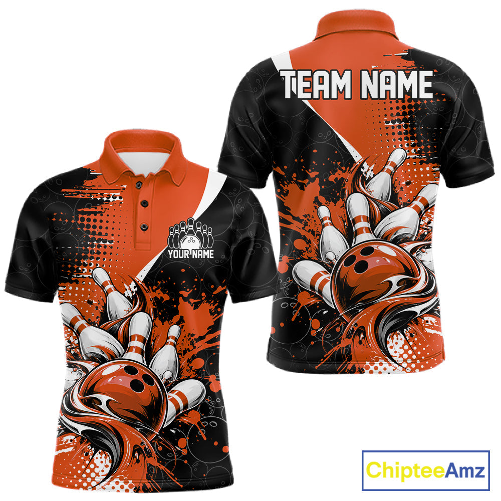 Custom Black And Orange Splatter Bowling Jersey Bowling Tournament Polo Shirt