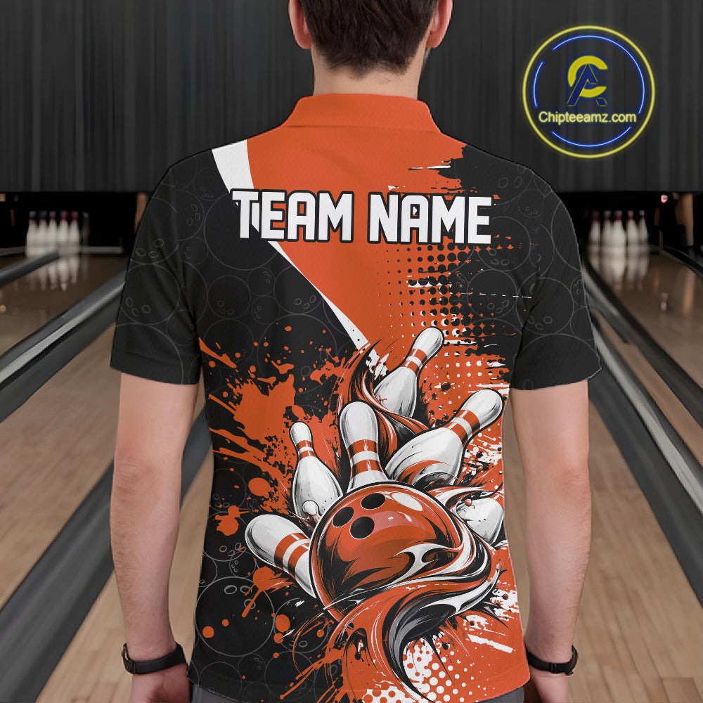 Custom Black And Orange Splatter Bowling Jersey Bowling Tournament Polo Shirt