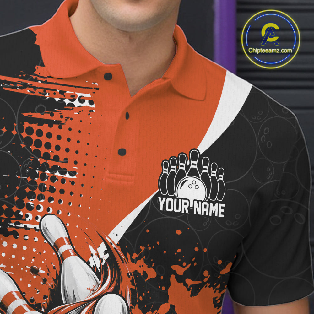 Custom Black And Orange Splatter Bowling Jersey Bowling Tournament Polo Shirt