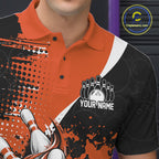 Custom Black And Orange Splatter Bowling Jersey Bowling Tournament Polo Shirt